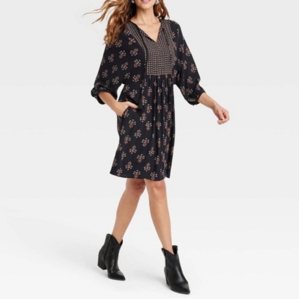 Knox Rose Women's Black Floral Bishop Balloon Sleeve Mini Dress Size: XS